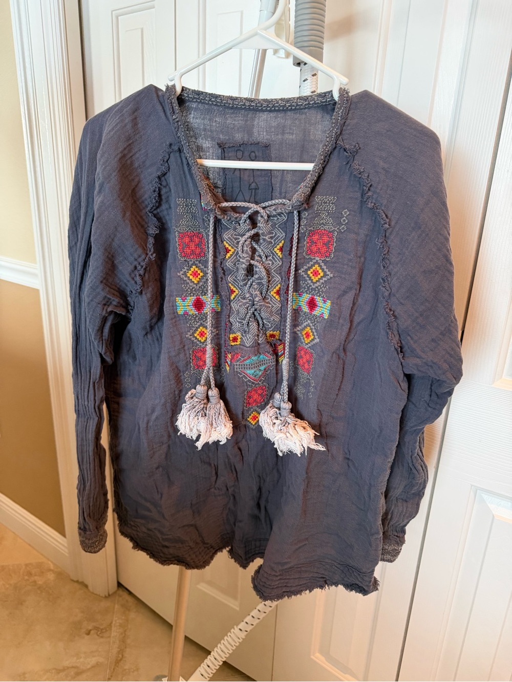 Johnny Was Grey Embroidered Lace-Up Tunic